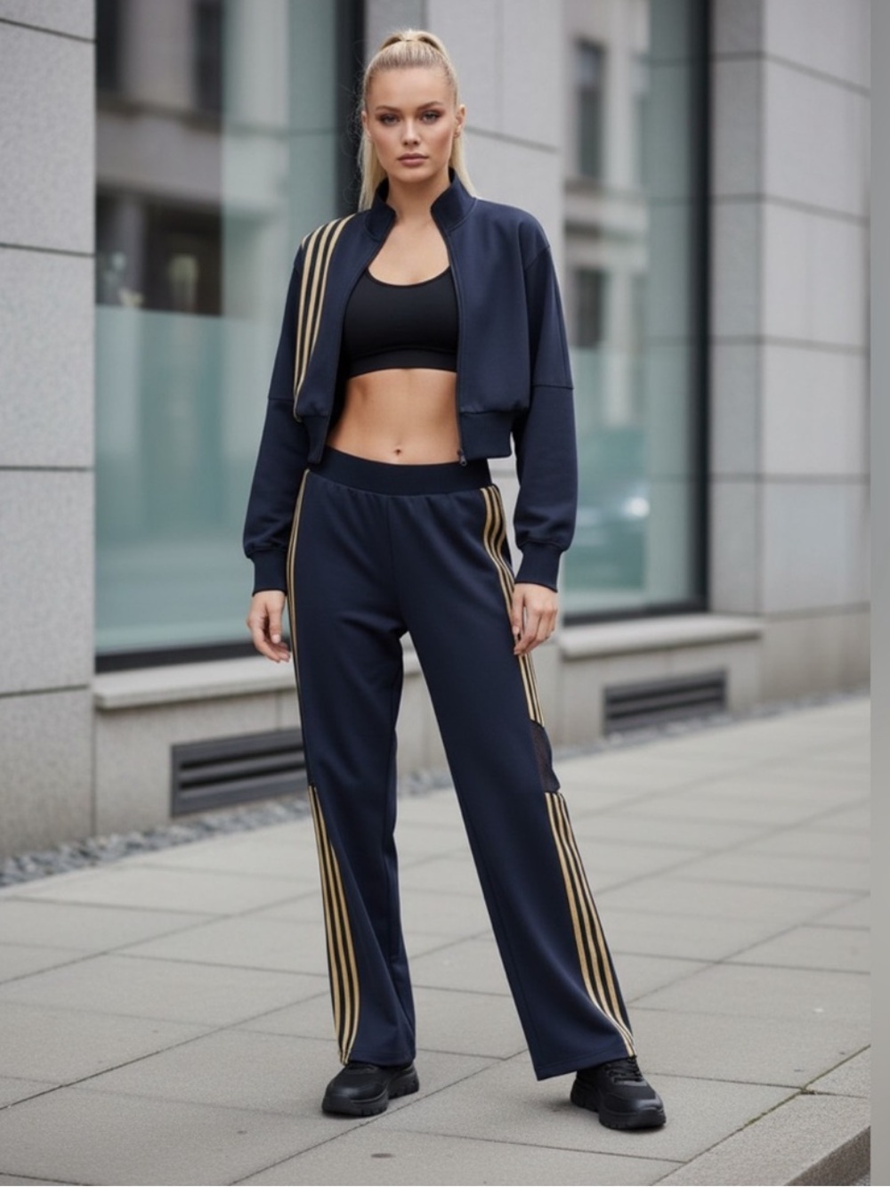 Women's Navy Track Pants with Gold Stripes